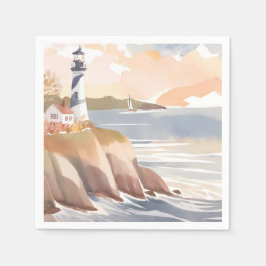 Leuchtturm an der Küste | Aquarellmeer Serviette