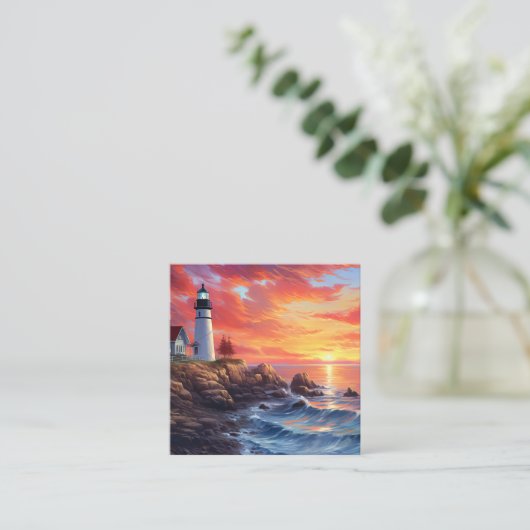 Leuchtturm an der Küste bei Sunset Design Quadratische Visitenkarte (Stehend Vorderseite)