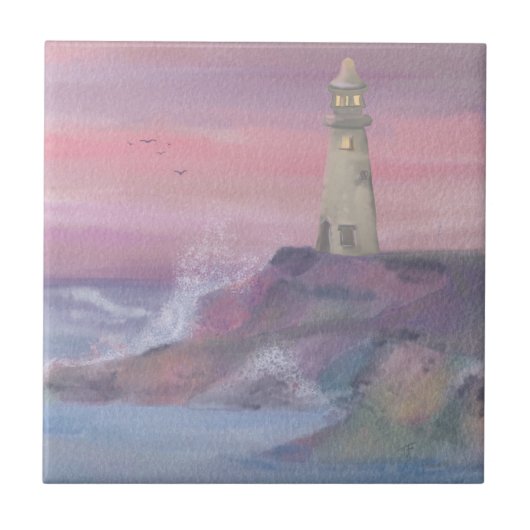 Leuchtturm an der Küste mit rosa Himmel Fliese (Vorderseite)
