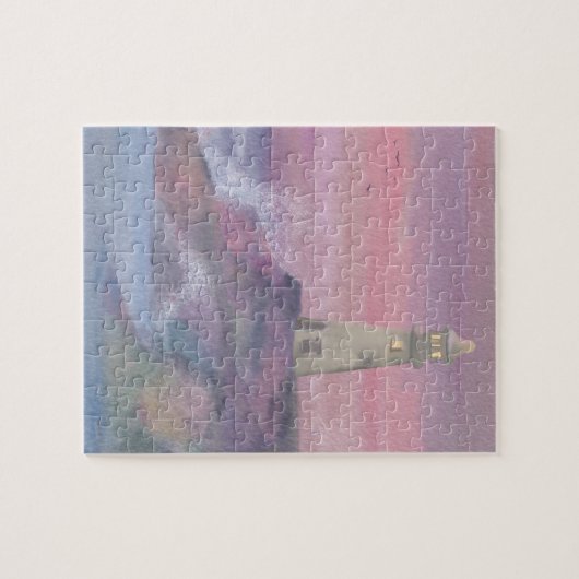 Leuchtturm an der Küste mit rosa Himmel Puzzle (Horizontal)