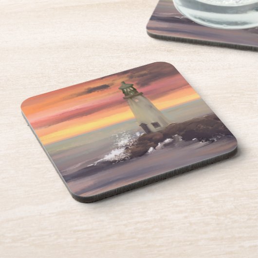 Leuchtturm an der Küste mit rosa und orangefarbene Getränkeuntersetzer (Linke Seite)