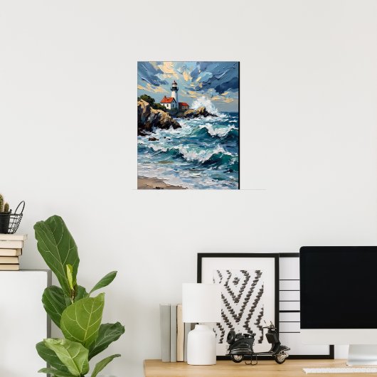 Leuchtturm an einer stürmischen Küste Poster (Heimbüro)