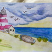 Leuchtturm auf dem Strand Fischerboot Küste Postkarte