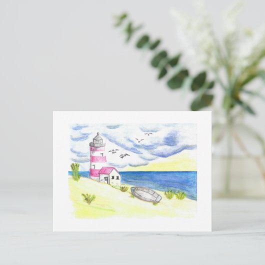 Leuchtturm auf dem Strand Fischerboot Küste Postkarte (Stehend Vorderseite)