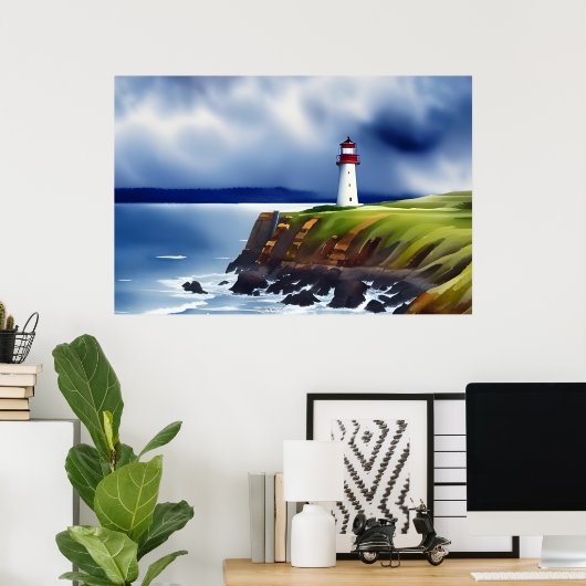 Leuchtturm auf den Klippen Wasserfarbe Poster (Heimbüro)