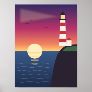Leuchtturm auf der Klippe bei Sonnenuntergang Poster