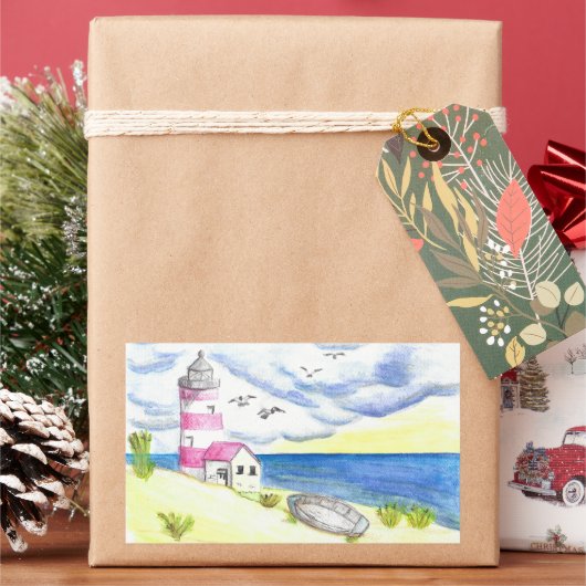 Leuchtturm auf Strandaufkleber Rechteckiger Aufkleber (Feiertag)