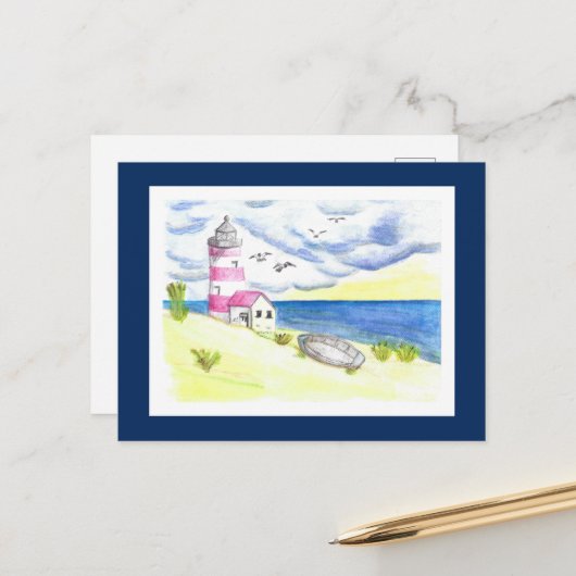 Leuchtturm auf Strandpostkarte Postkarte (Vorderseite/Rückseite Beispiel)