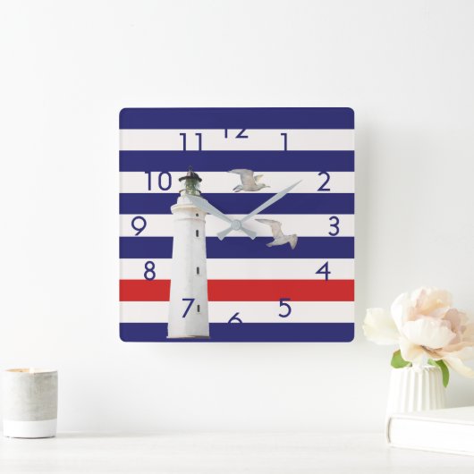 Leuchtturm aus blauem, rotem Wasserband Quadratische Wanduhr (Zuhause)