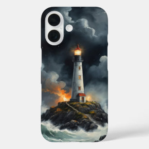 Leuchtturm bei Nacht in stürmischer Meeresumgebung iPhone 16 Hülle