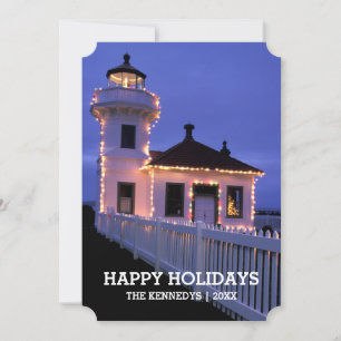 Leuchtturm bei Nacht mit Weihnachtsbeleuchtung Feiertagskarte