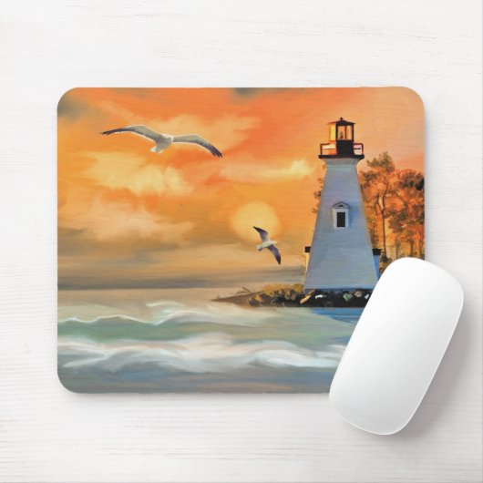 Leuchtturm bei Ocean Sunset and Seagulls Mousepad (Mit Mouse)