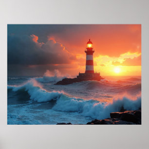 Leuchtturm bei Sonnenuntergang Poster