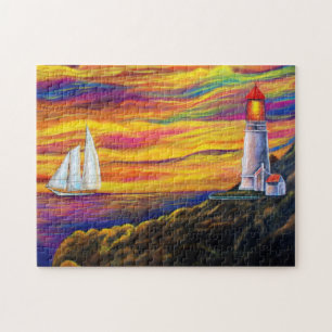Leuchtturm bei Sunset mit Segelboot Ozean Puzzle