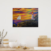 Leuchtturm bei Sunset Sailboat Landschaft Berg Poster (Küche)