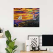Leuchtturm bei Sunset Sailboat Landschaft Berg Poster (Heimbüro)