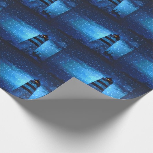 Leuchtturm Blaue Nacht Regen fällt Geschenkpapier (Ecke)