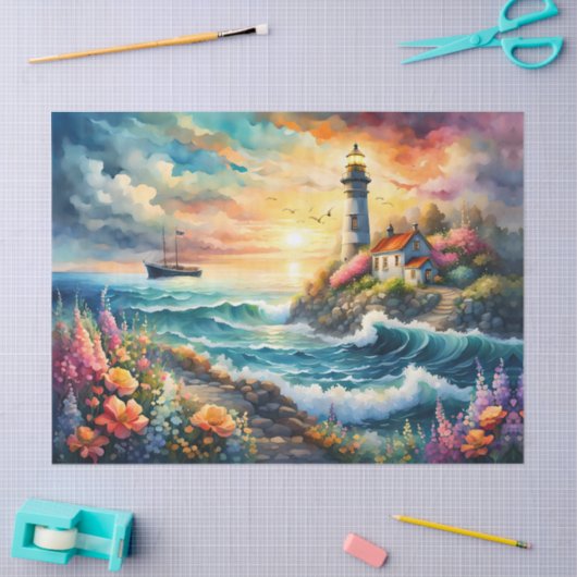 Leuchtturm Blumengarten am Meer Seidenpapier (Basteln)