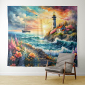 Leuchtturm Blumengarten am Meer Wandteppich (Beispiel (Horizontal))