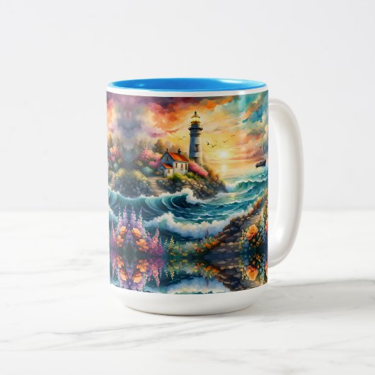 Leuchtturm Blumengarten am Meer Zweifarbige Tasse (VorderseiteRechts)