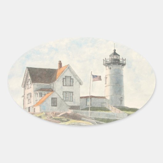 Leuchtturm Cape Neddick Aquarell Ovaler Aufkleber (Vorderseite)