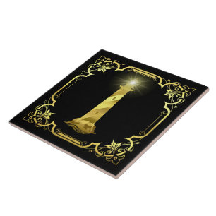 Leuchtturm der Nautischen Ozeane Silhouette/Gold/S Fliese
