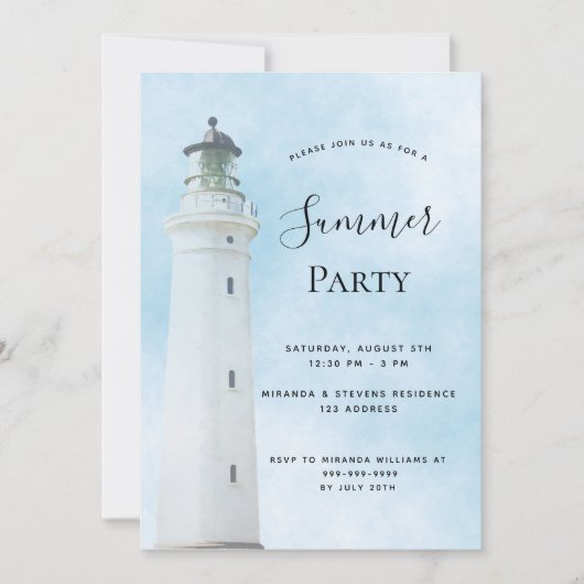 Leuchtturm des Sommers Party, blau am Küstenstrand Einladung (Vorderseite)