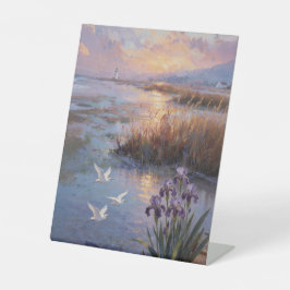 Leuchtturm-Feuchtgebiet Schwertlilien Ölmalerei | Sockelschild