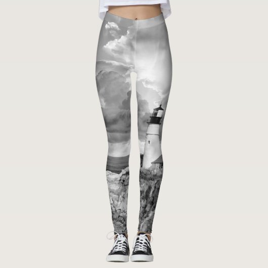 Leuchtturm Graue Schwarz-weiße Wolken Seascape Oce Leggings (Vorderseite)