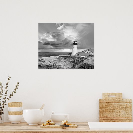 Leuchtturm Graue Schwarz-weiße Wolken Seascape Oce Poster (Küche)