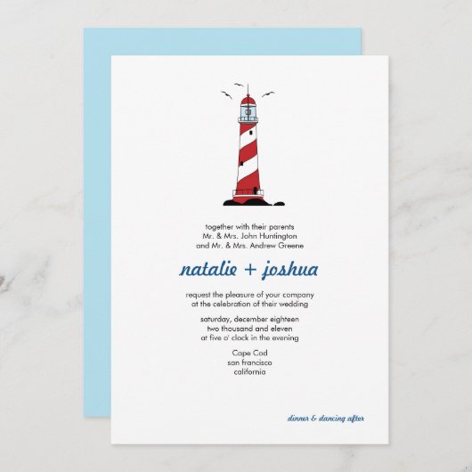 Leuchtturm-Hochzeit in Urlaubsort Einladungskarte Einladung (Vorne/Hinten)