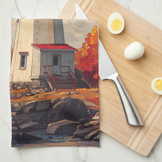 Leuchtturm im Herbst Geschirrtuch (Viertel Falte)