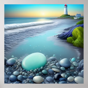 Leuchtturm-Kiesel am Küstenlandschaft bei Sonnenau Poster