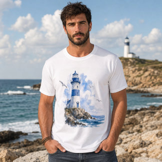 Leuchtturm Küstenblau und Weiß Herren T-Shirt