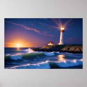 Leuchtturm Landschaft Küste Meer Wellen Sonnenunte Poster