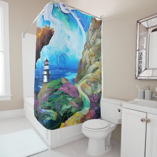 Leuchtturm mit Blick aufs Meer Duschvorhang (Beispiel)