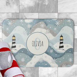Leuchtturm mit Eiswaves Winter Nautical Monogram Badematte