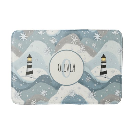 Leuchtturm mit Eiswaves Winter Nautical Monogram Badematte (Vorderseite)
