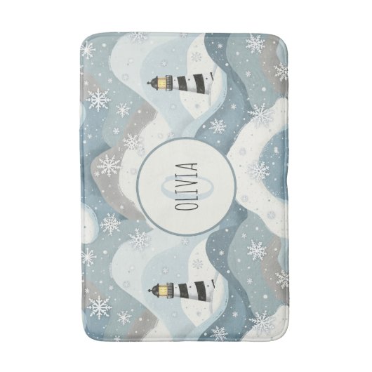 Leuchtturm mit Eiswaves Winter Nautical Monogram Badematte (Vorderseite Vertikal)