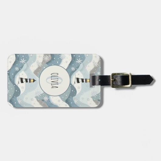 Leuchtturm mit Eiswaves Winter Nautical Monogram Gepäckanhänger (Vorderseite horizontal)