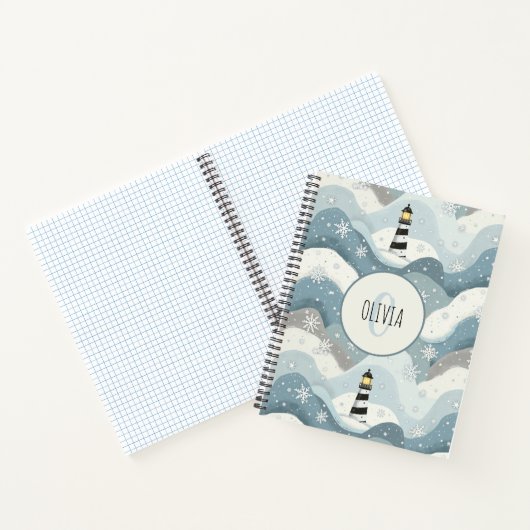 Leuchtturm mit Eiswaves Winter Nautical Monogram Notizblock (Innenseite)