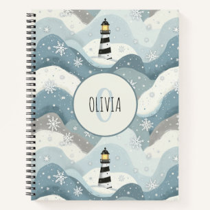 Leuchtturm mit Eiswaves Winter Nautical Monogram Notizblock