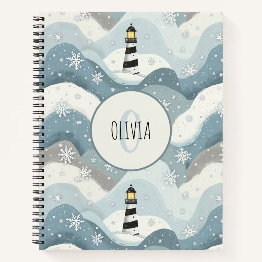 Leuchtturm mit Eiswaves Winter Nautical Monogram Notizblock (Vorderseite)