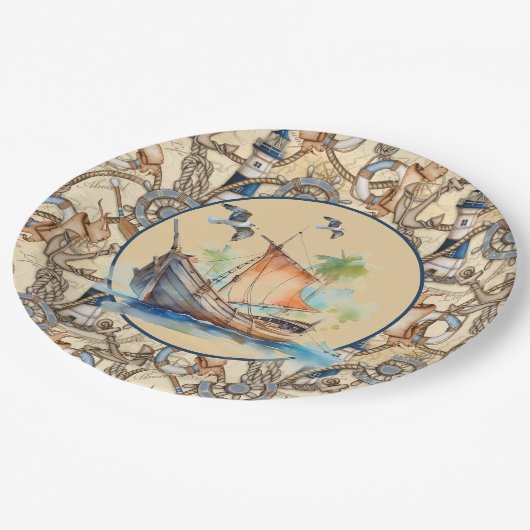 Leuchtturm mit Schiff Pappteller (Schrägansicht)