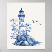 Leuchtturm mit Seagulls - Coastal Blue auf Beige Poster (Vorne)