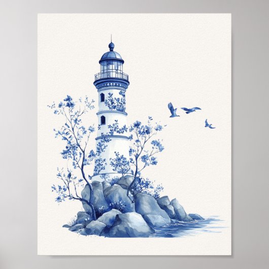 Leuchtturm mit Seagulls - Coastal Blue auf Beige Poster (Vorne)