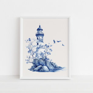 Leuchtturm mit Seagulls - Coastal Blue auf Beige Poster