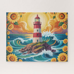 Leuchtturm mit Sonnenblumen Puzzle