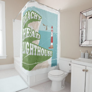 Leuchtturm mit Strandkopf Retroposter Duschvorhang
