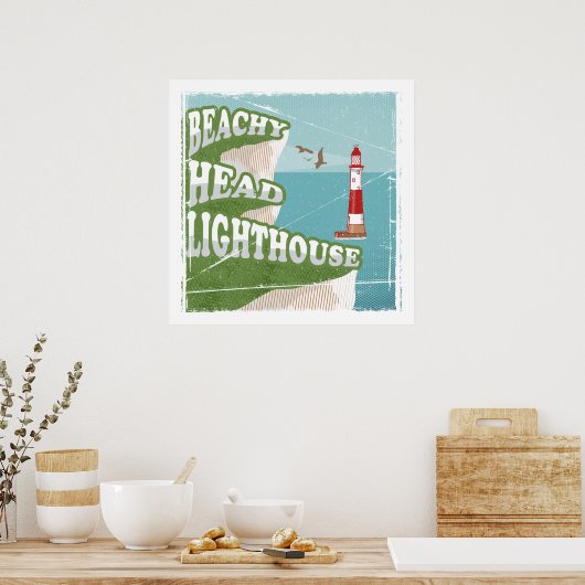 Leuchtturm mit Strandkopf Retroposter Poster (Küche)